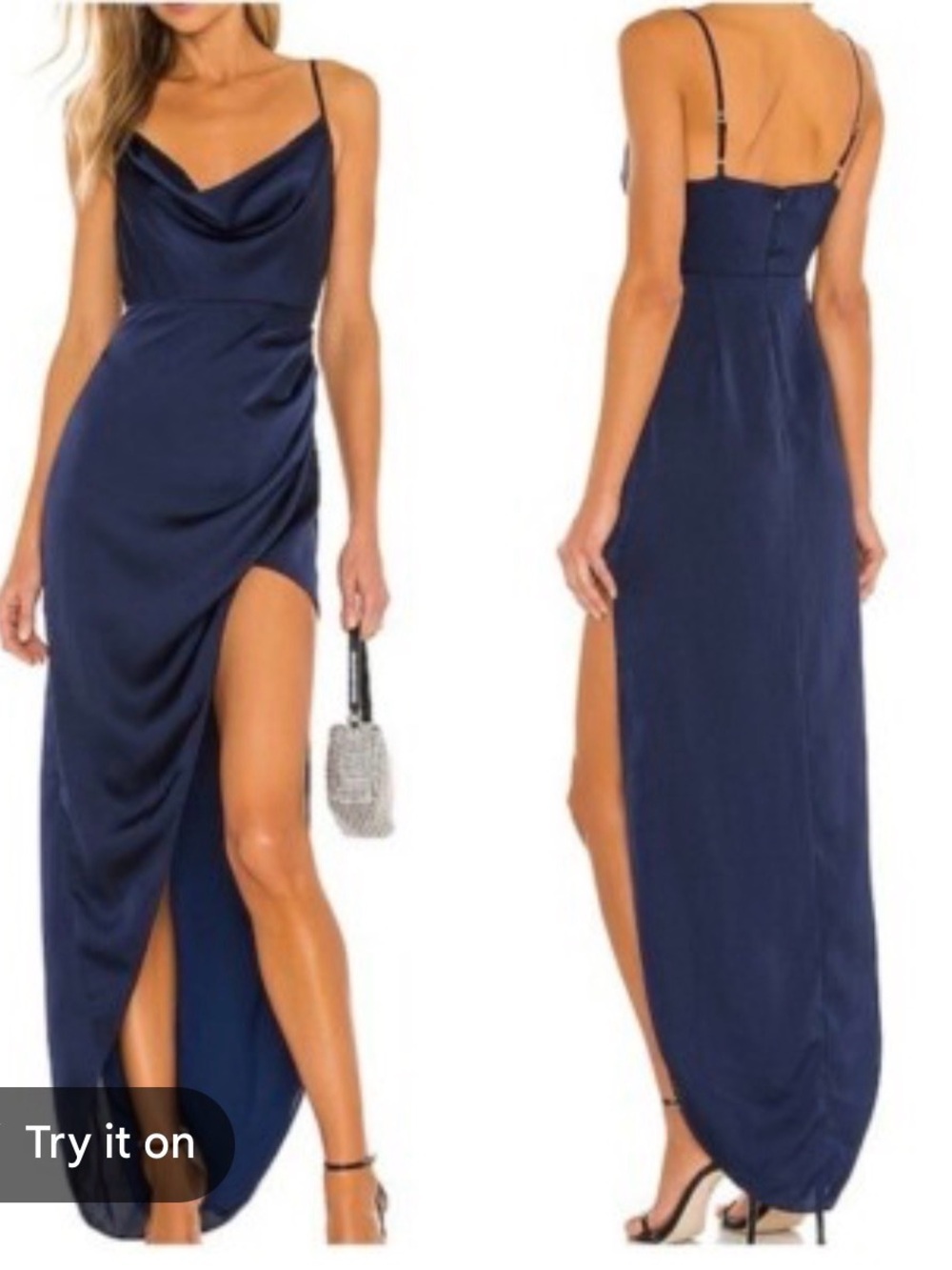 NBD Navy Satin Cowl Neck High-Slit Evening Gown
